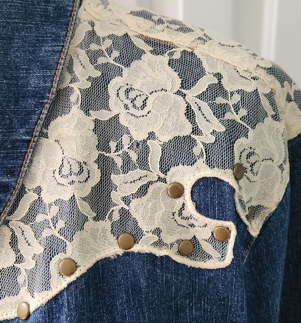 Denim Jacket with Lace Accents - Picture 2 of 7